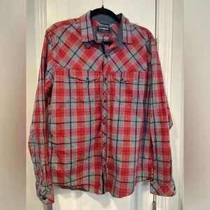 Express Men Long Sleeve Collared Snap Front Shirt Pockets Red Blue Plaid Size L